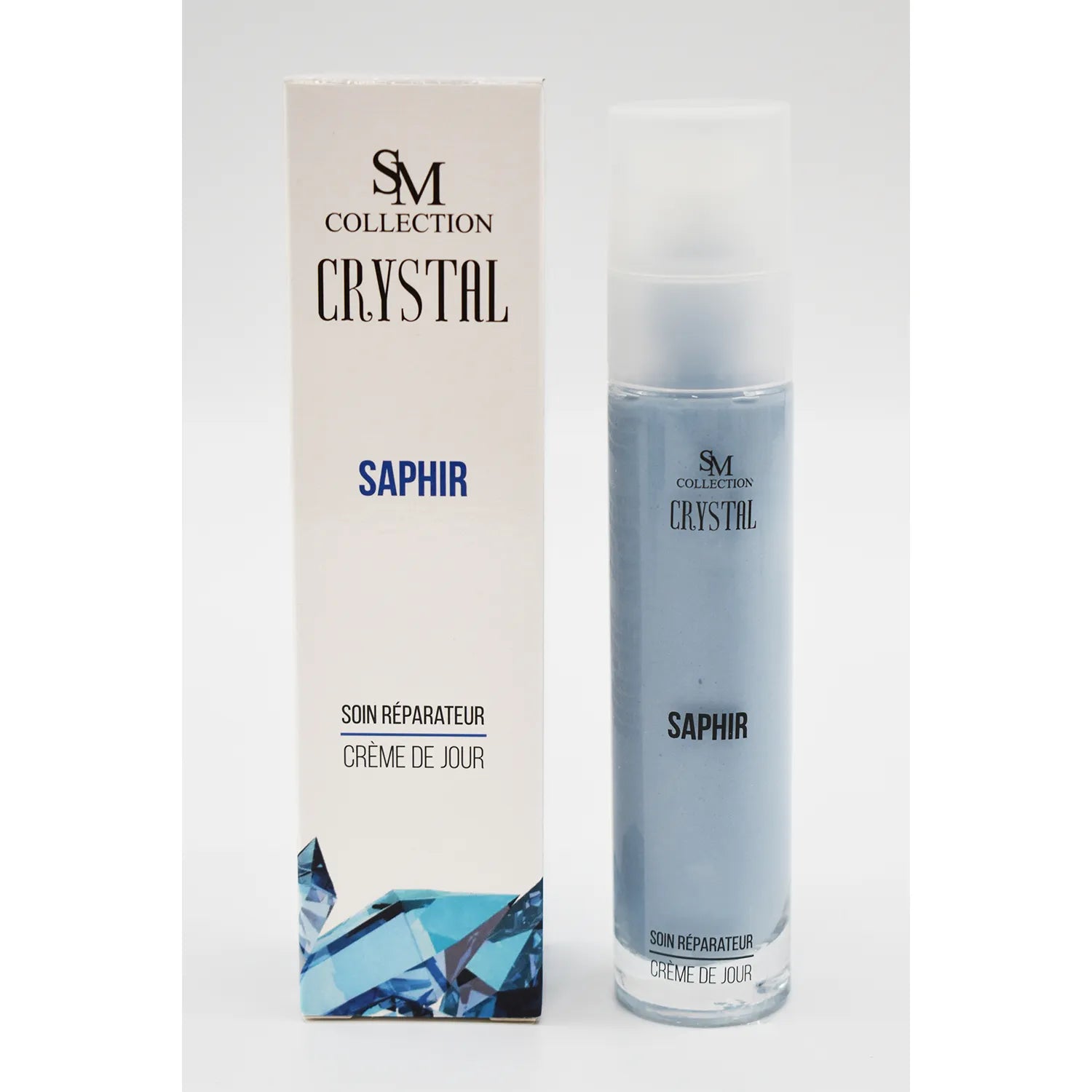 Flacon bleu crème jour poudre saphir naturelle 50ml, design élégant, pour peaux mixtes acnéiques, hydratation revitalisante.