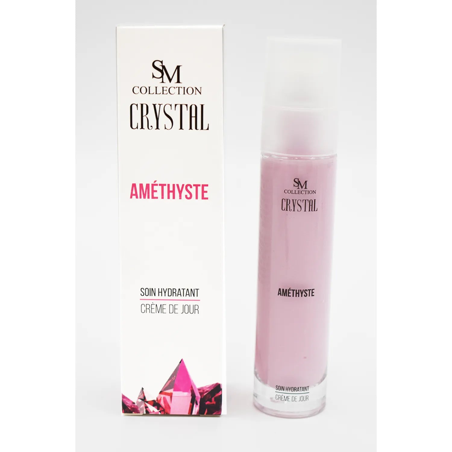 Crème jour améthyste rétinol hydratante 50ml, flacon rose avec boîte blanche, soin peau sèche et sensible.