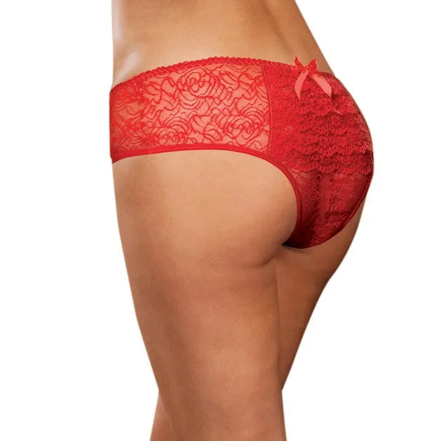 Culotte ouverte rouge en dentelle avec froufrous et nœud, design sexy et élégant en polyester spandex.