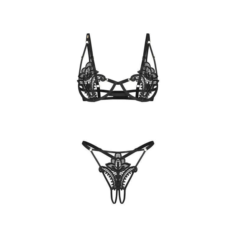 Ensemble lingerie dentelle noir avec soutien-gorge à armatures et string ouvert, design élégant et sophistiqué.