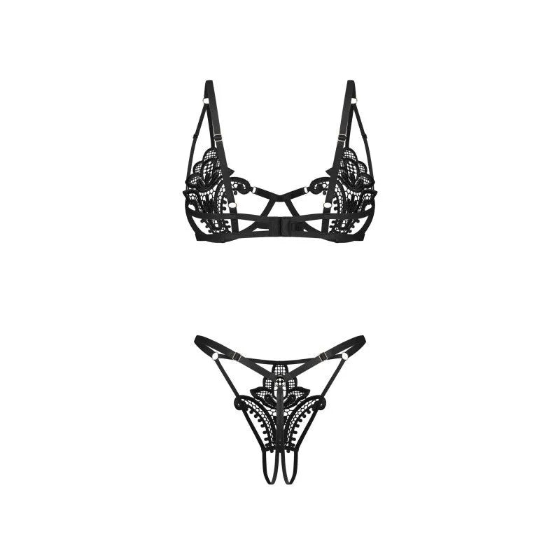 Ensemble lingerie dentelle noir avec soutien-gorge à armatures et string ouvert, design élégant et sophistiqué.