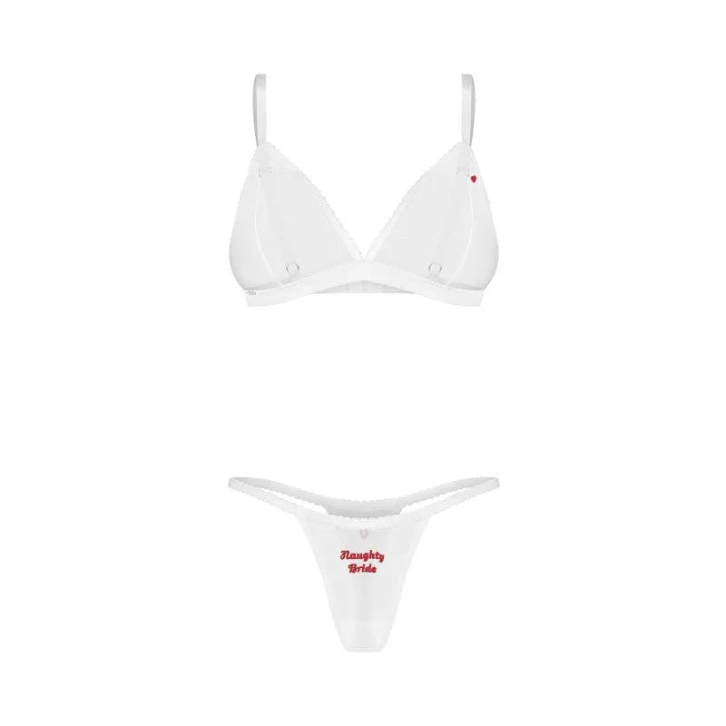 Ensemble lingerie mariage blanc broderie Naughty Bride, soutien-gorge et culotte ajustables, élégance et sensualité.