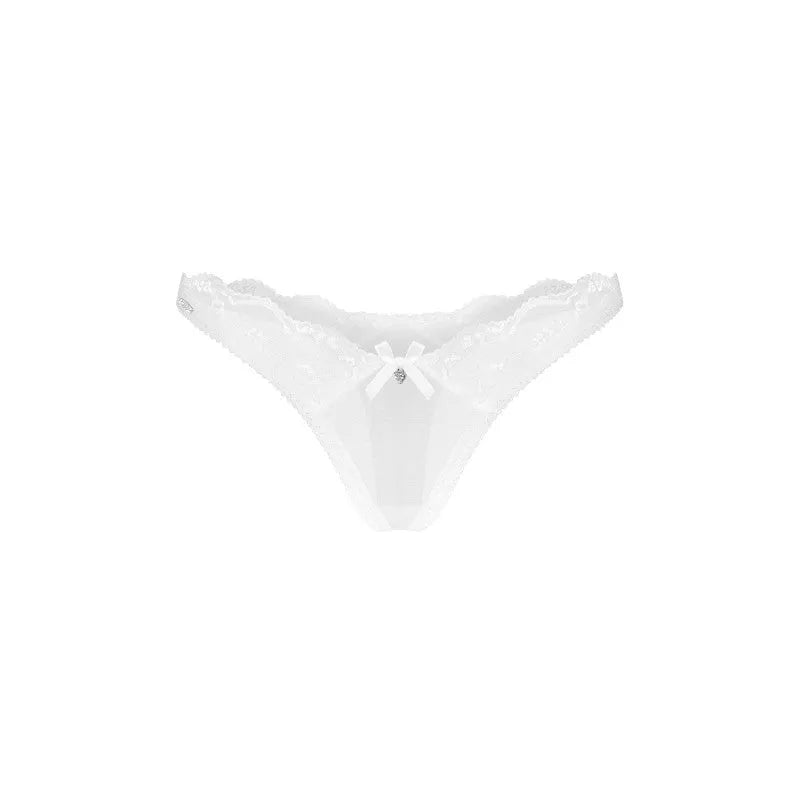 Ensemble lingerie blanc 3 pièces, dentelle mesh semi-transparent, ajustable, détails raffinés, élégance féminine.