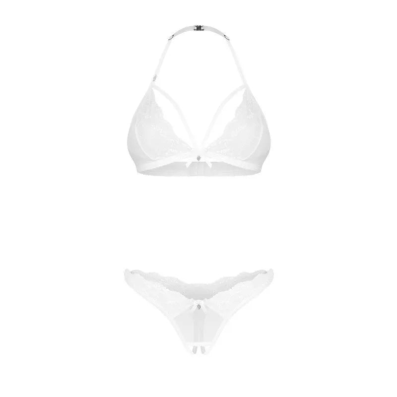 Ensemble lingerie blanc 3 pièces en dentelle et mesh semi-transparent, ajustable, élégant et raffiné.