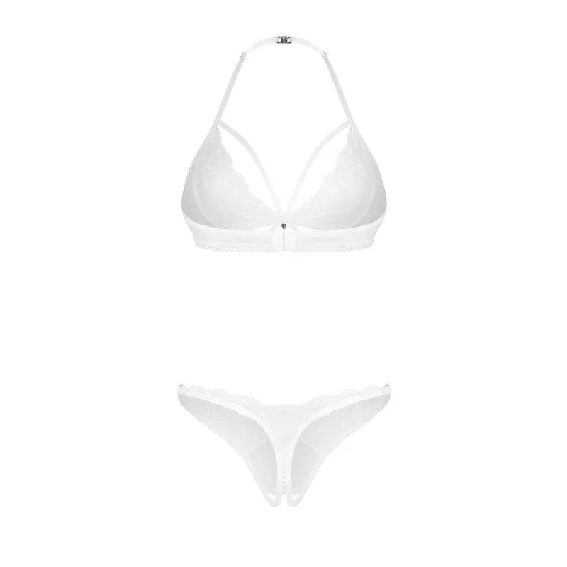 Ensemble lingerie blanc 3 pièces, dentelle mesh semi-transparent, ajustable, élégant et raffiné, vue de face.