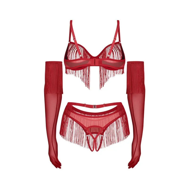 Ensemble lingerie rouge 4 pièces avec soutien-gorge ouvert, string, ceinture et gants longs, style audacieux et élégant.