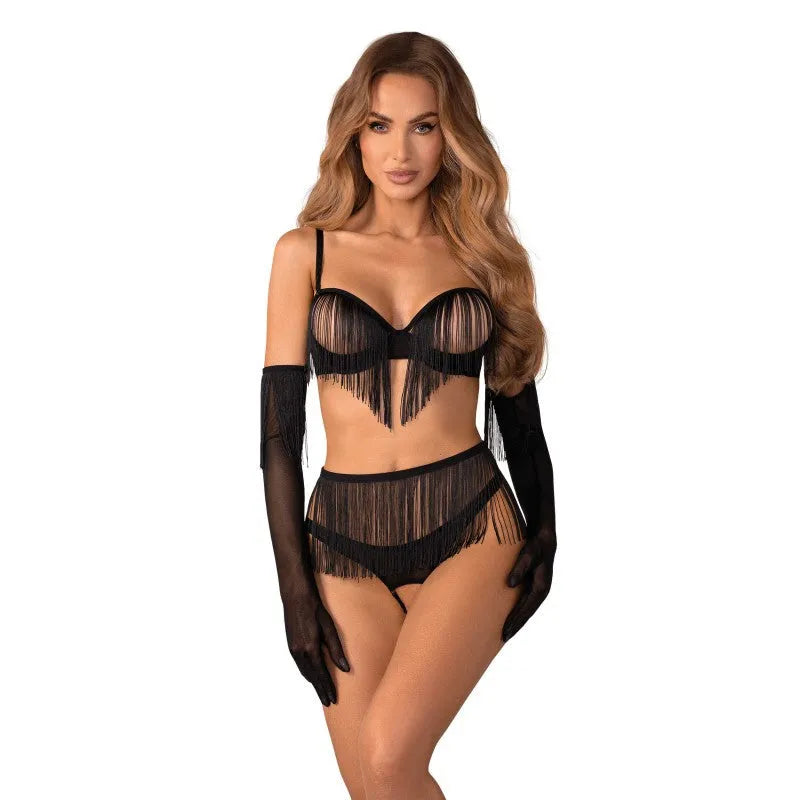 Ensemble lingerie sensuel noir soutien-gorge string ouvert pompons gants