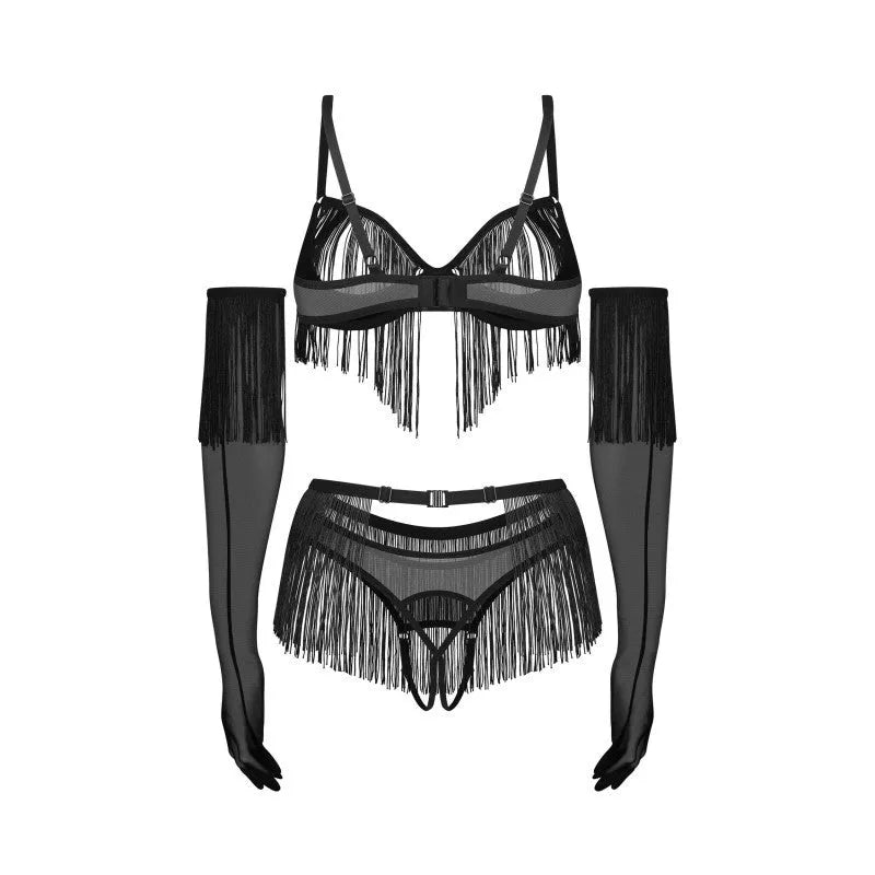 Ensemble lingerie noir avec soutien-gorge et string ouverts, pompons décoratifs et gants longs, style sensuel et élégant.