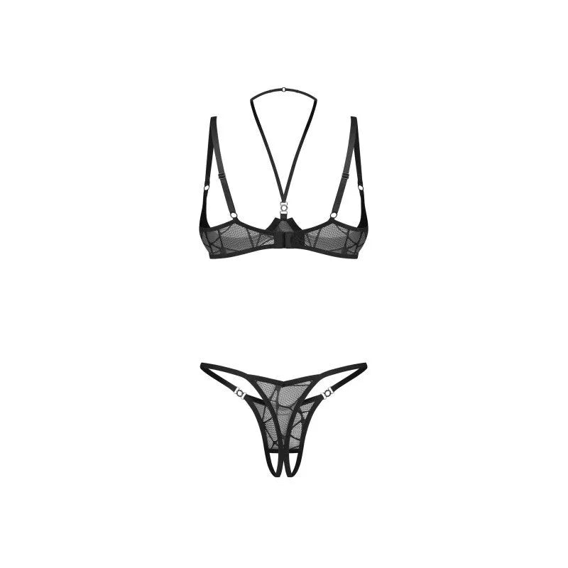 Olianna ensemble lingerie ouvert deux pièces dentelle noire séduisante sans bonnet