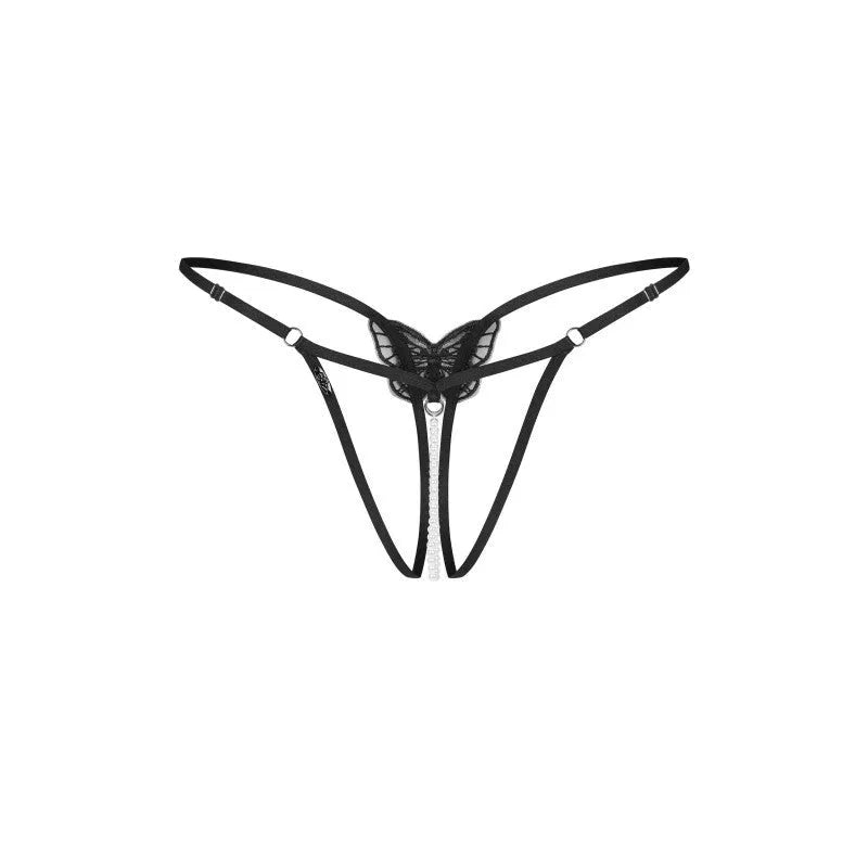 Isseme string ouvert perles blanches papillon noir sensuel minimaliste