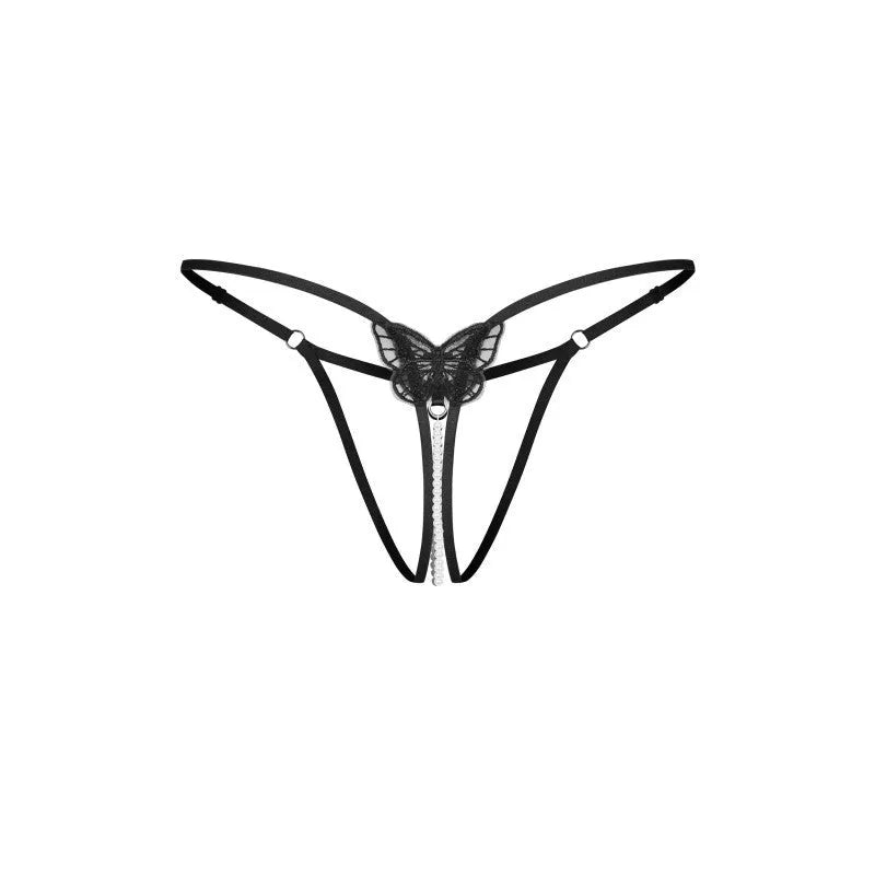 Isseme string ouvert perles blanches papillon noir sensuel minimaliste
