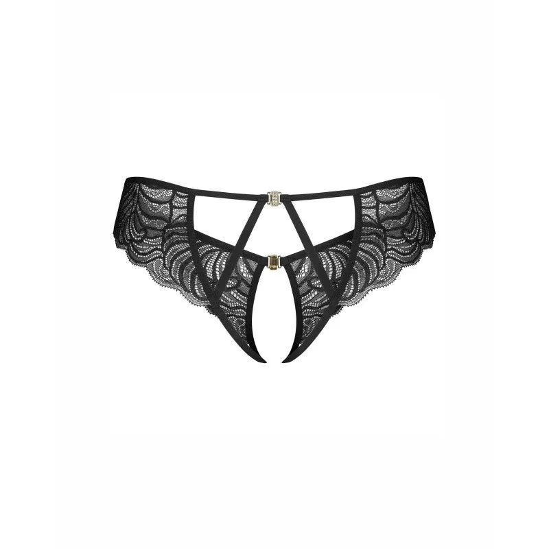 String ouvert noir en dentelle avec détails bijoux, design géométrique séduisant, bretelles fines, style élégant.