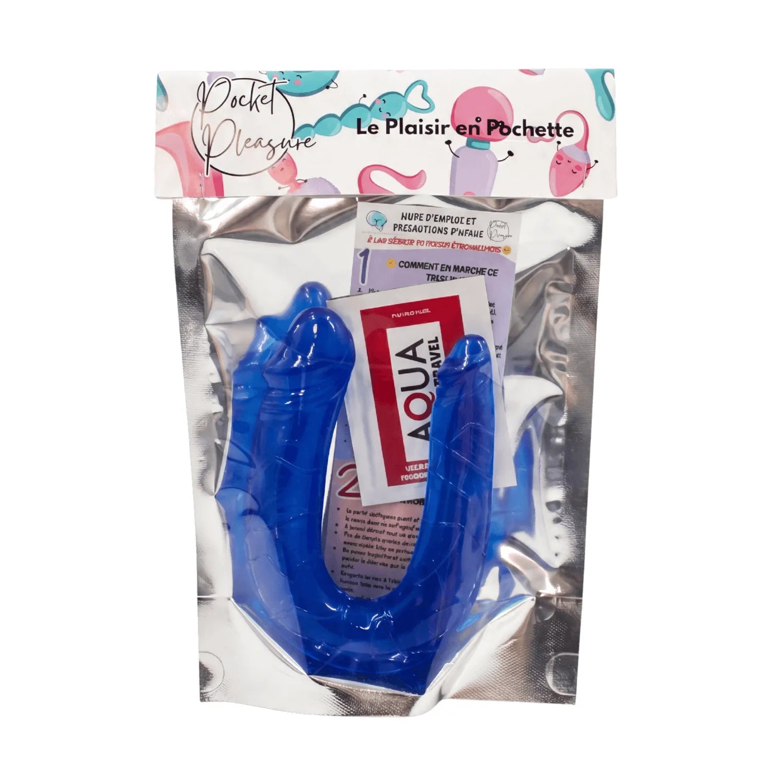 Double dong flexible bleu en TPE avec reliefs réalistes, inclus une dosette de lubrifiant, emballage Pocket Pleasure.