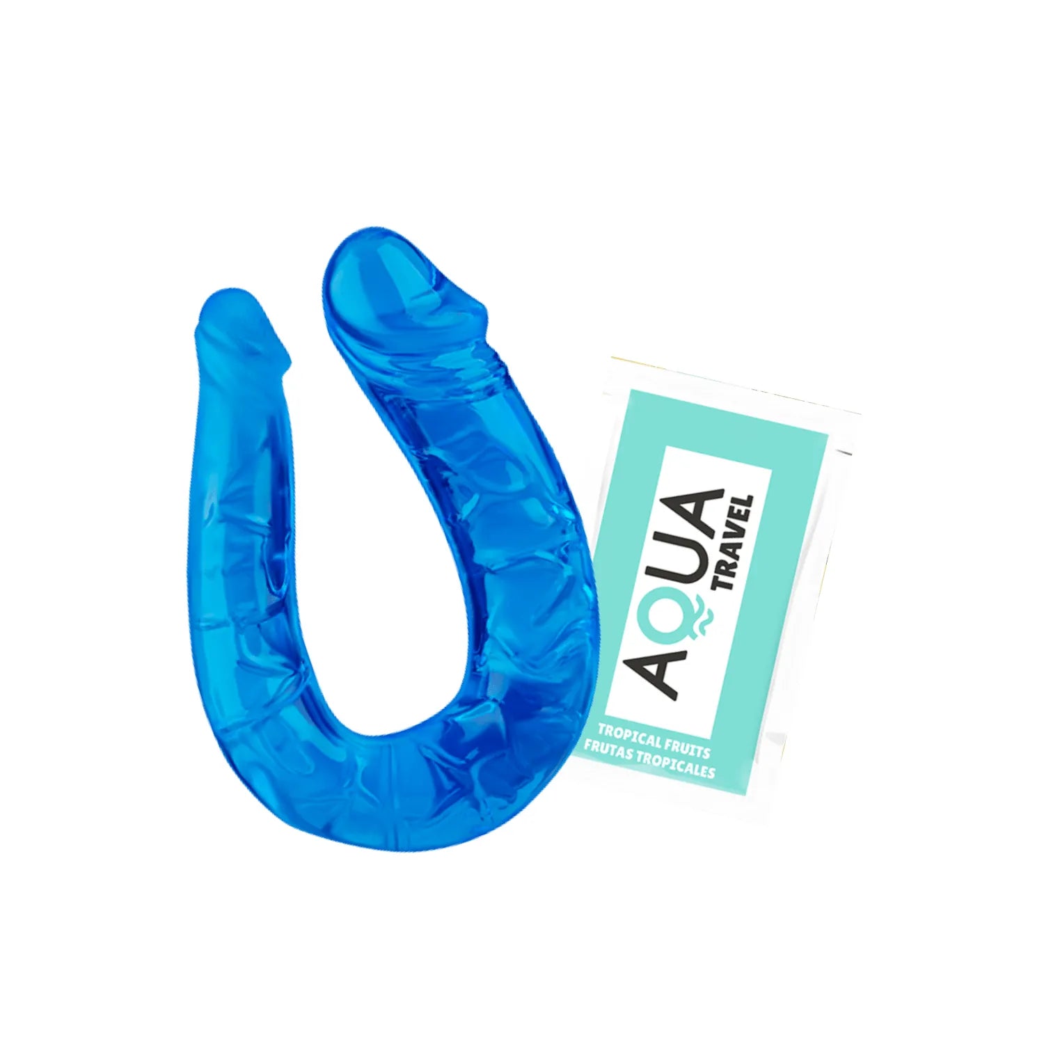 Double Dong flexible bleu en TPE avec reliefs, accompagné d'une dosette de lubrifiant Aqua Travel.