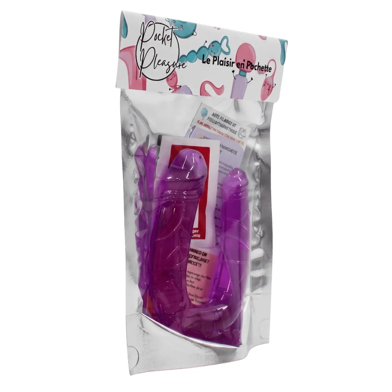 Double Dong Flexible Violet avec reliefs réalistes, deux extrémités, inclus dosette de lubrifiant, emballage compact.