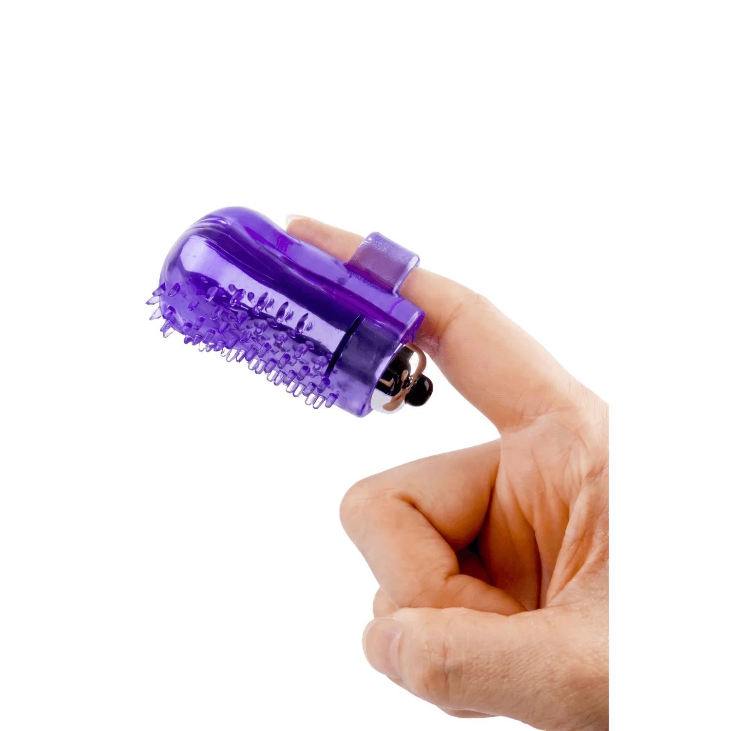Doigt vibrant violet avec manchon texturé et picots, porté sur un doigt, idéal pour caresses vibrantes et intenses.