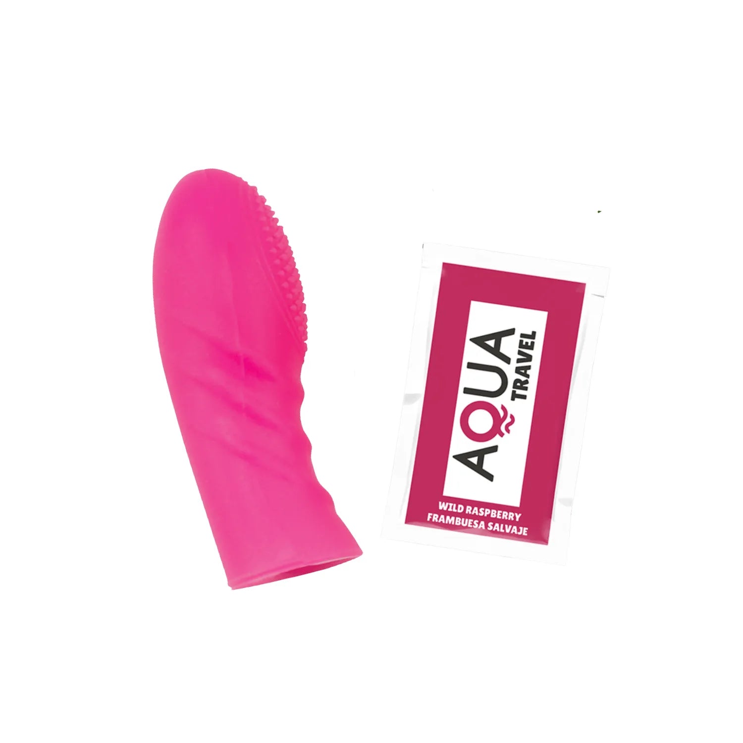 Doigt chinois rose en silicone avec picots, accompagné d'une dosette de lubrifiant Aqua Travel.