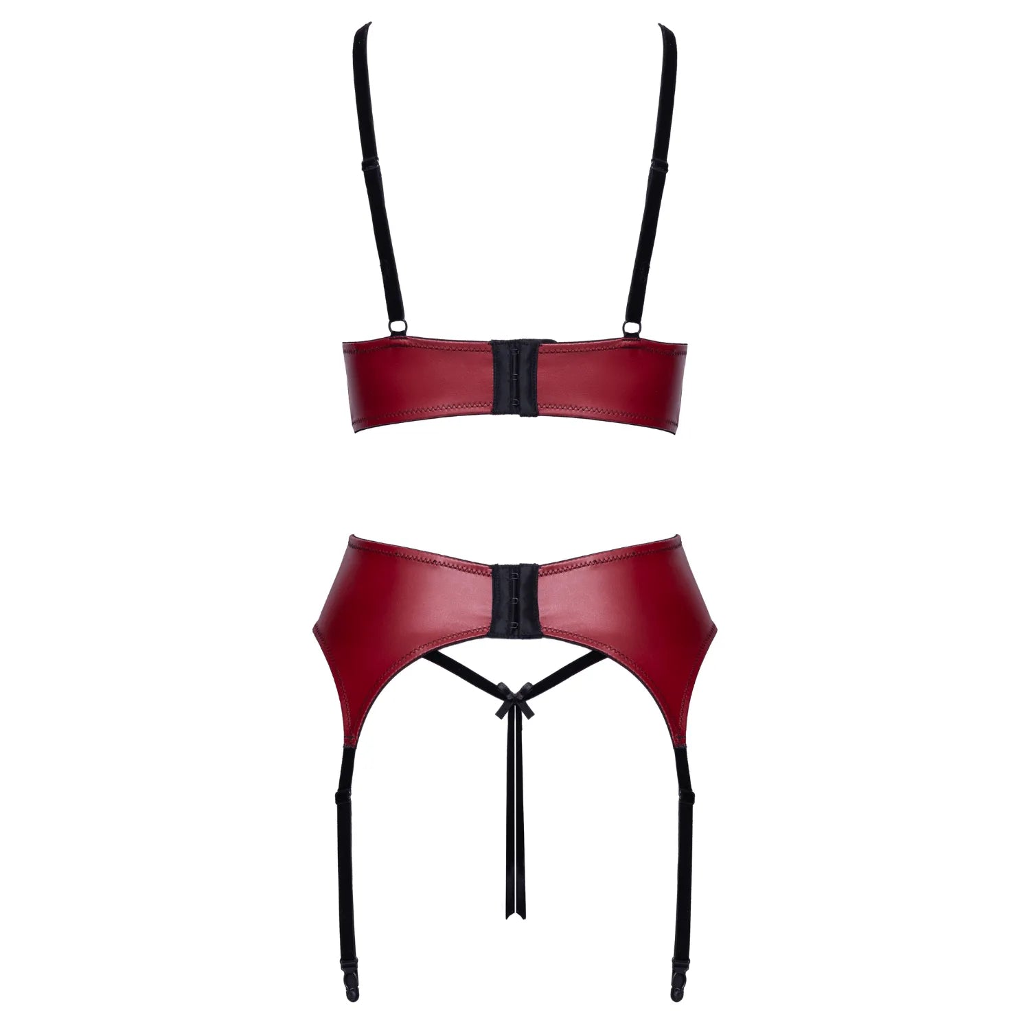 Ensemble jarretelles rouge foncé et noir Cottelli avec dentelle et velours, soutien-gorge ouvert et chaînes de perles amov...