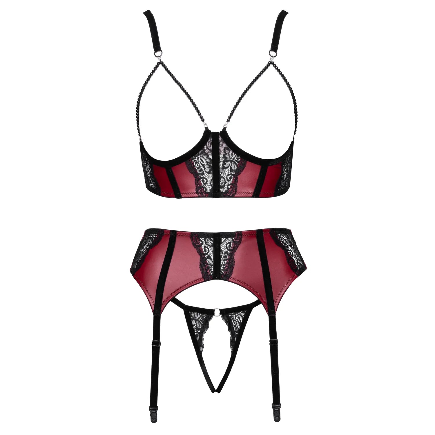 Ensemble jarretelles 3 pièces rouge foncé et noir Cottelli, dentelle raffinée, soutien-gorge ouvert, chaînes perles amovib...