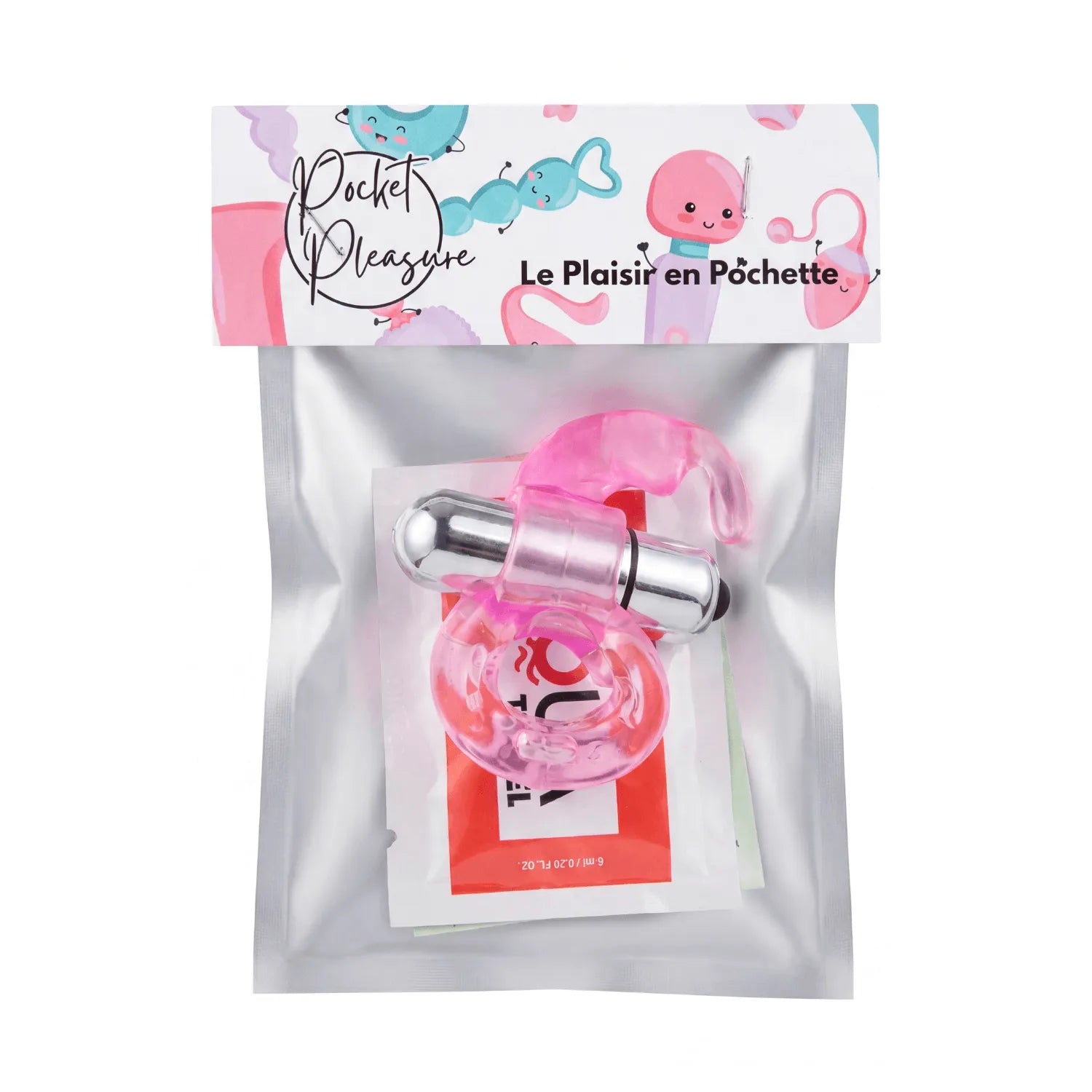Anneau vibrant rose double stimulation clitoridienne pénienne, design lapin, hyper extensible, emballage plastique.
