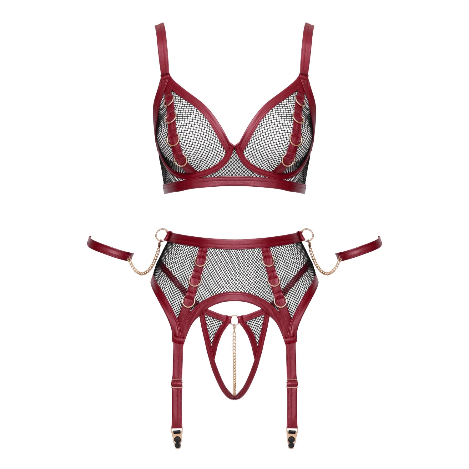 Ensemble jarretelles 3 pièces Cottelli, résille noire et tissu rouge, détails dorés, chaînes, style bondage élégant.
