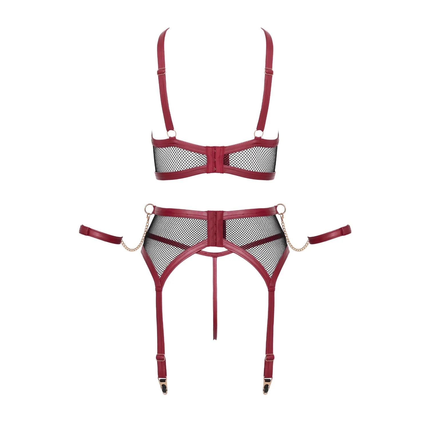 Ensemble jarretelles 3 pièces Cottelli, résille noire et tissu rouge, détails dorés et chaînes, style bondage élégant.