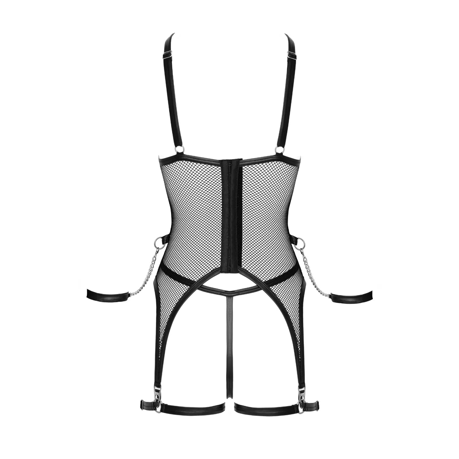 Ensemble résille noir Cottelli avec porte-jarretelles, string ouvert, menottes souples et détails métalliques argentés.