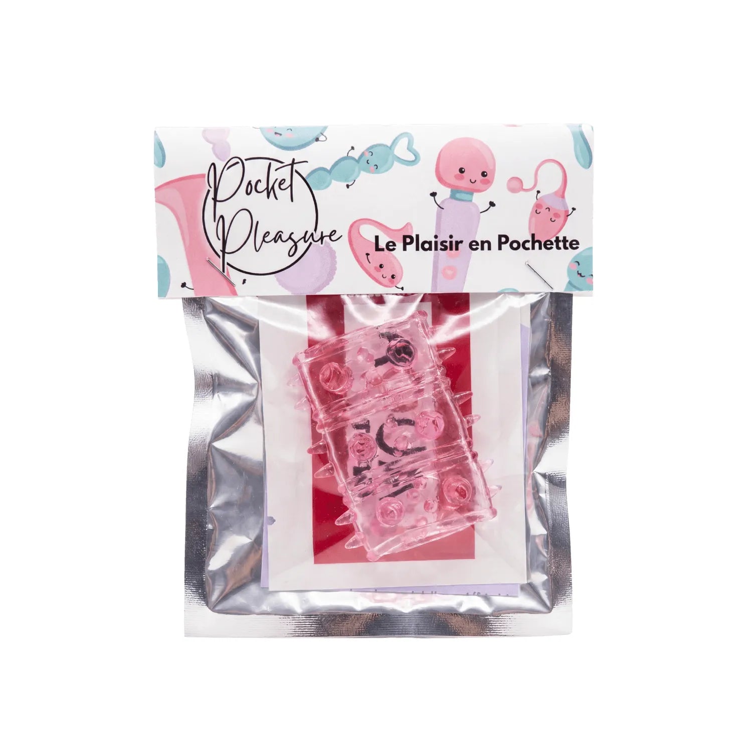 Gaine pénienne rose avec picots et boules, ultra-extensible, emballée dans un sachet argenté, pour stimulation intense.