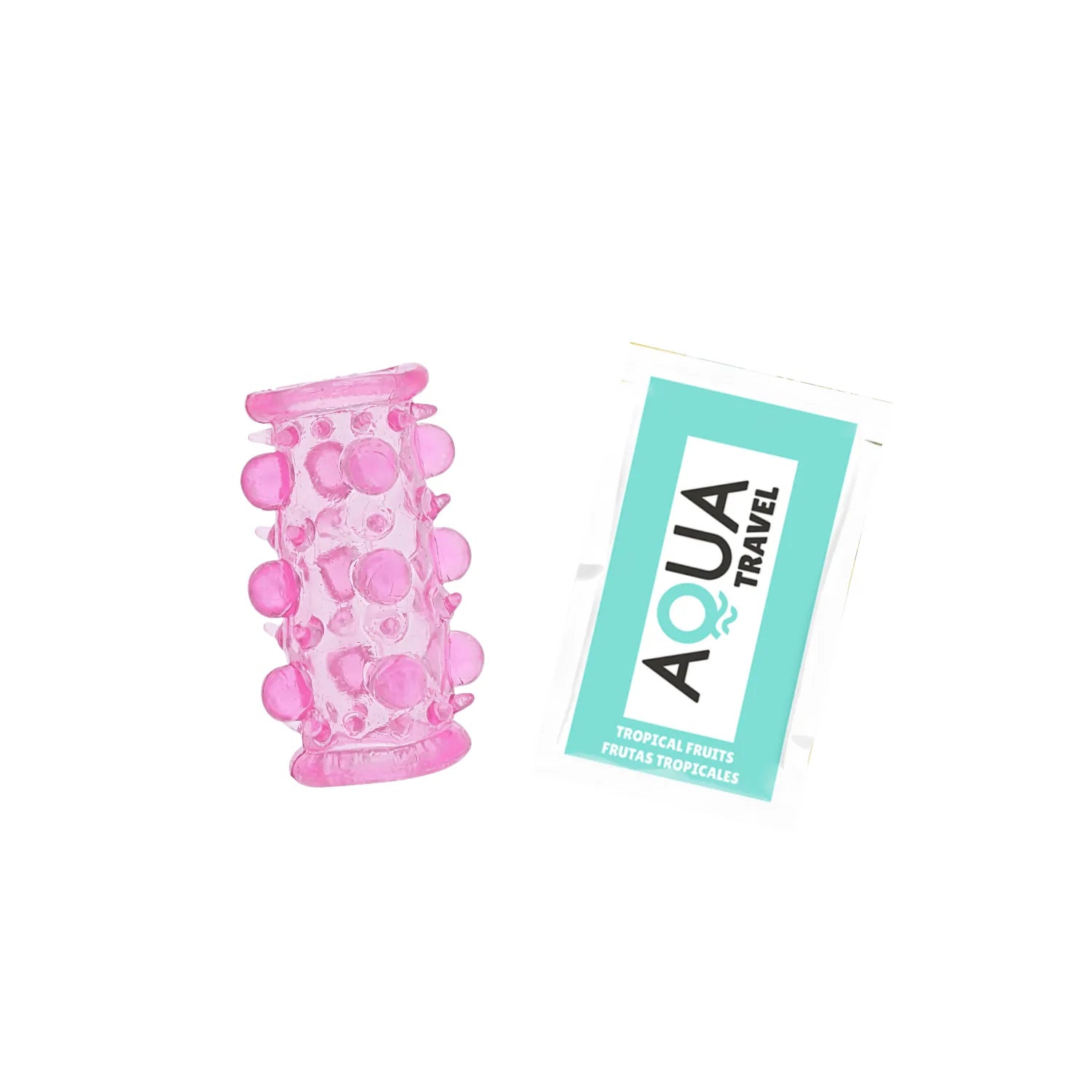 Gaine pénienne rose avec picots et boules en relief, ultra-extensible, à côté d'un sachet Aqua Travel.