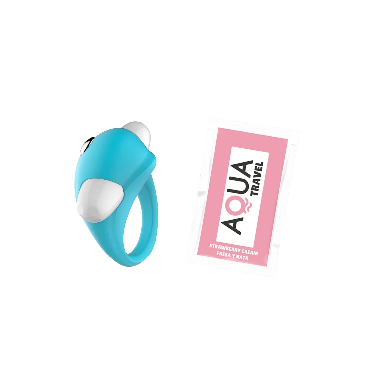 Cockring vibrant turquoise en silicone forme dauphin, stimulation clitoridienne et pénienne, avec lubrifiant.
