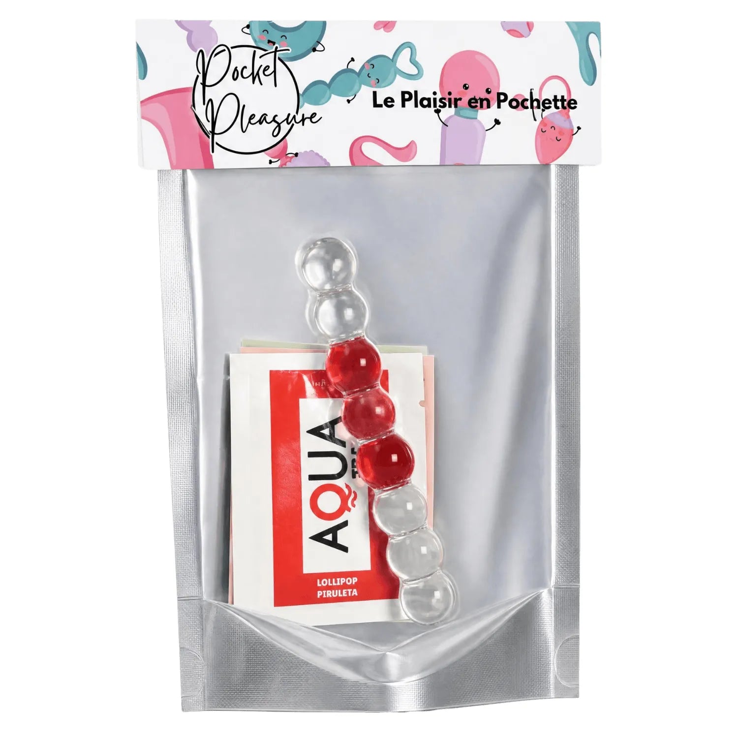 Chapelet anal en verre transparent avec boules progressives et dosette de lubrifiant, emballage Pocket Pleasure.