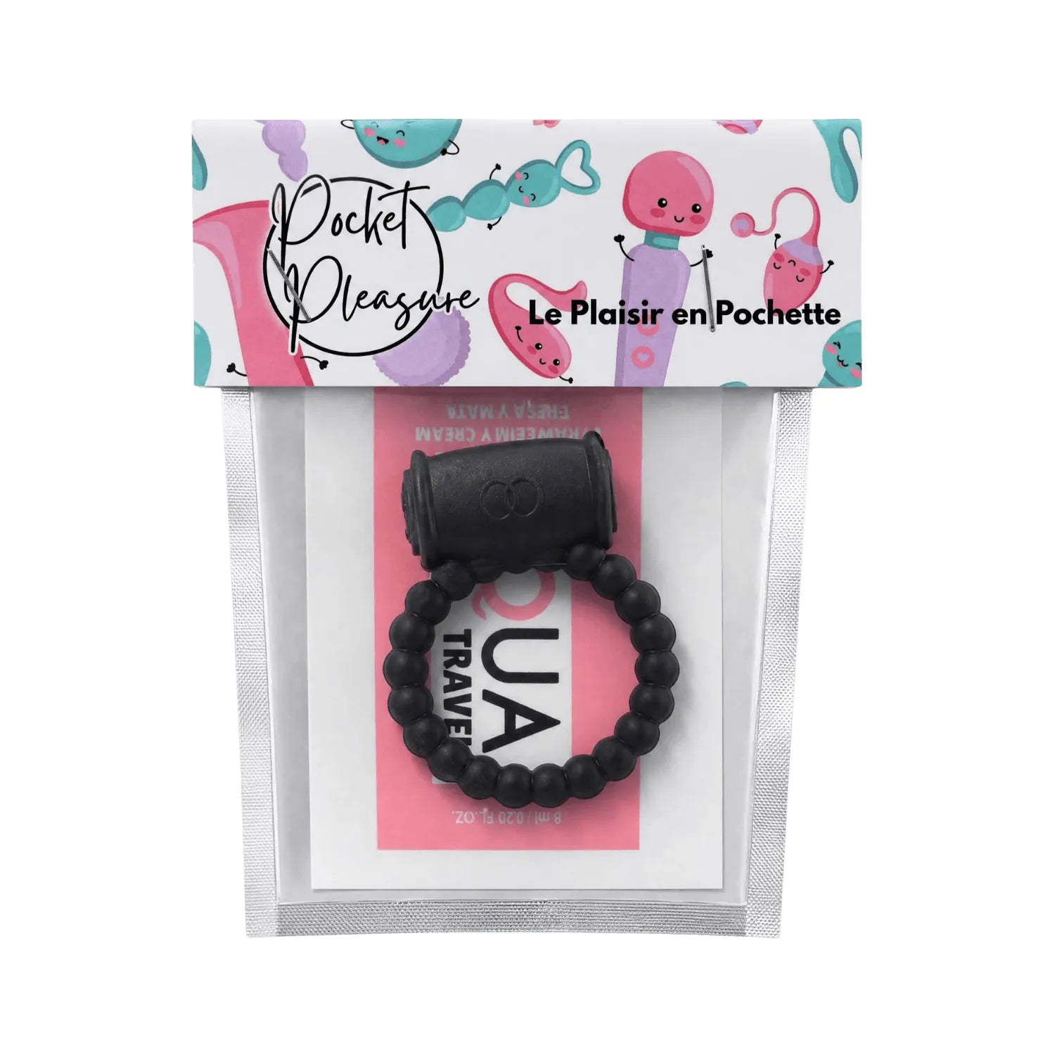 Cockring vibrant perlé noir en silicone avec bullet amovible, emballage Pocket Pleasure coloré, élégant et discret.