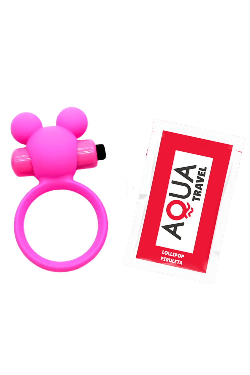 Anneau vibrant ourson rose en silicone avec oreilles rondes, accompagné d'une dosette de lubrifiant Aqua Travel.
