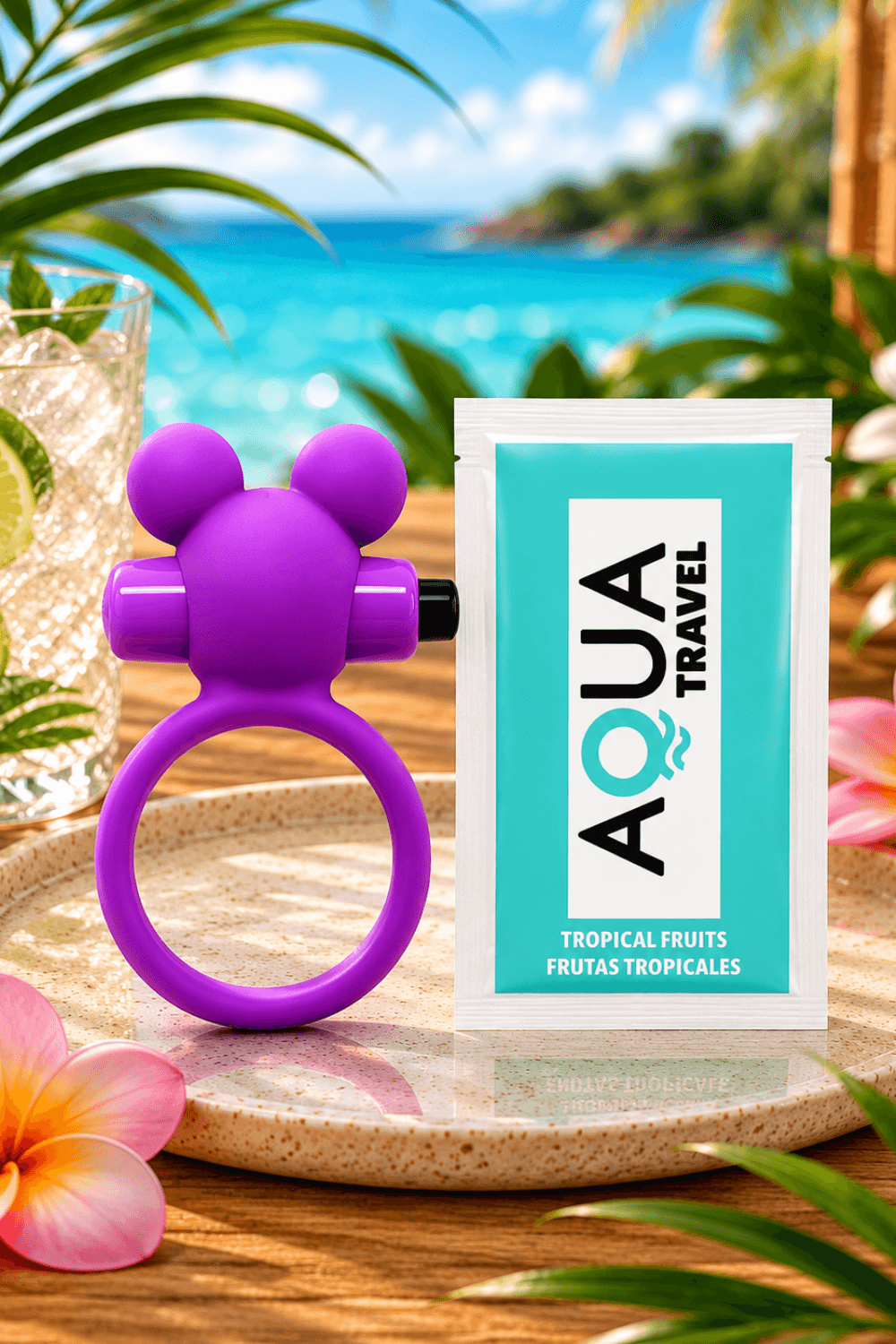 Anneau vibrant ourson violet en silicone avec oreilles rondes, accompagné d'une dosette de lubrifiant, sur fond tropical.