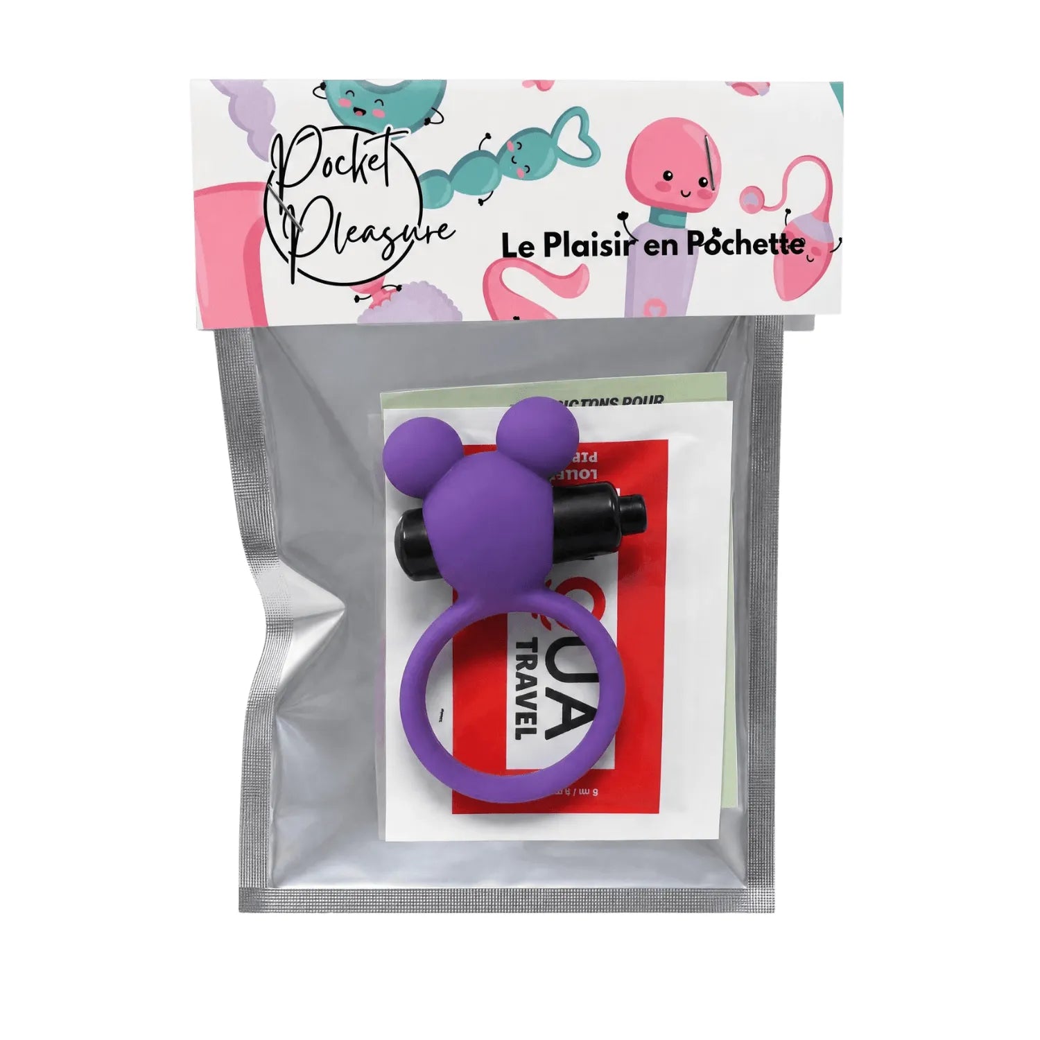 Anneau vibrant ourson violet en silicone avec lubrifiant, design kawaii, stimulation clitoridienne précise, Pocket Pleasure.