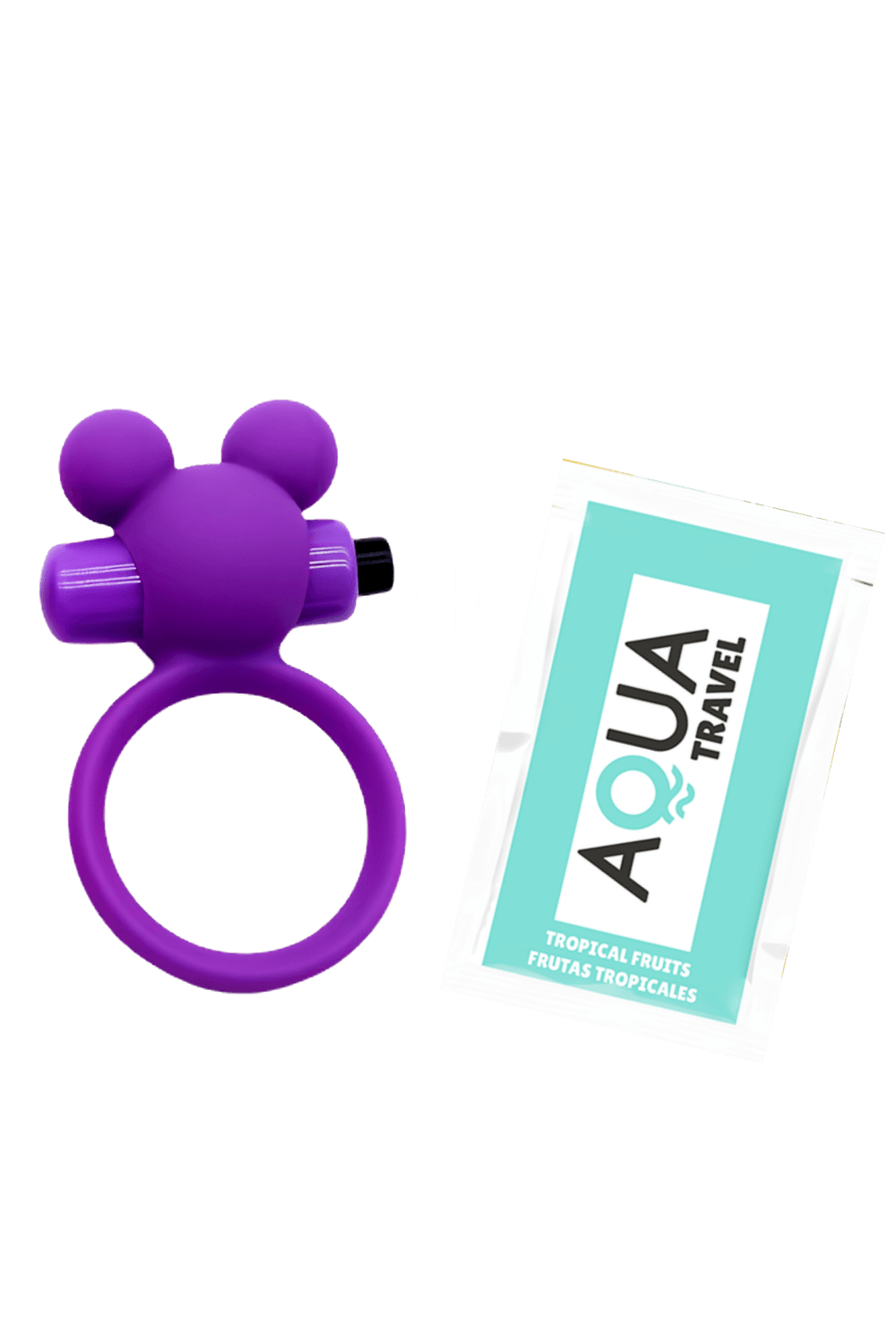 Anneau vibrant ourson violet en silicone avec oreilles rondes, accompagné d'une dosette de lubrifiant Aqua Travel.