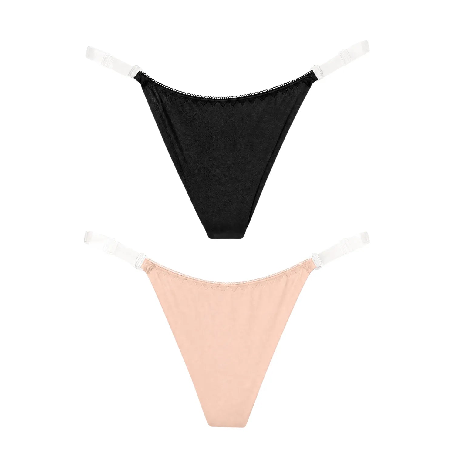 Lot de 2 strings sans coutures Mapalé, noir et nude, avec lanières transparentes et régleurs pour ajustement discret.