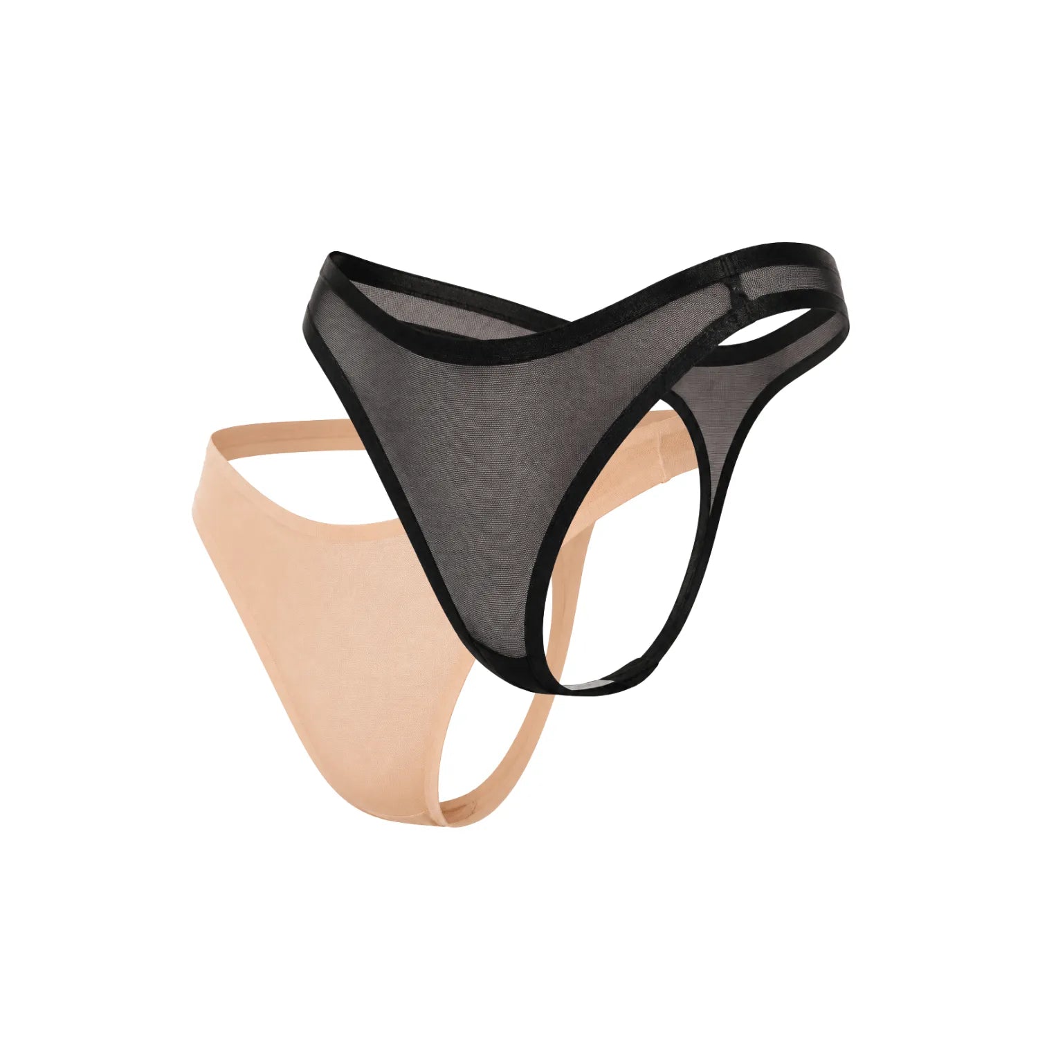 Lot de 2 strings invisibles en résille noire et nude, coupe échancrée, taille fine, matière transparente et extensible.