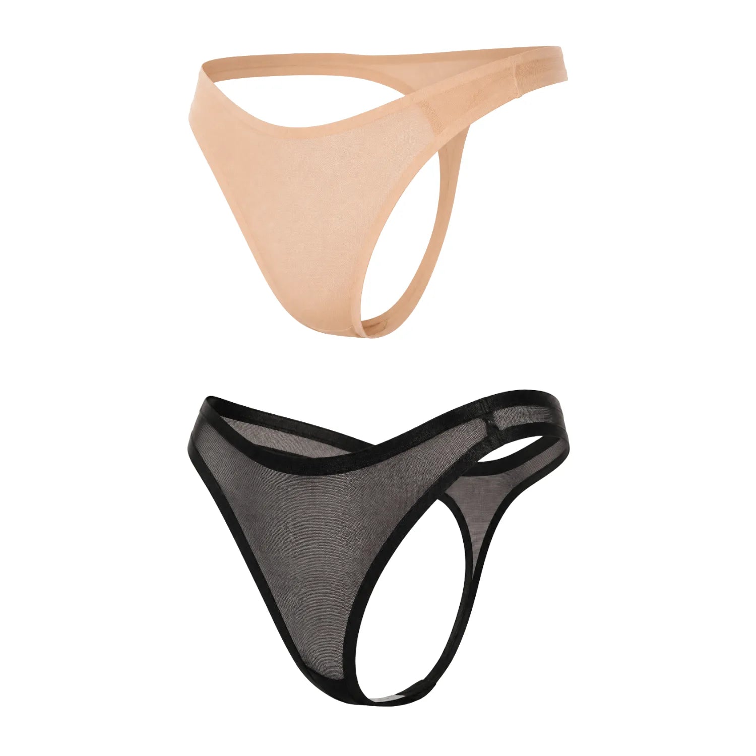 Lot de 2 strings invisibles Mapalé en résille transparente, noir et nude, coupe échancrée, taille fine, confort extensible.