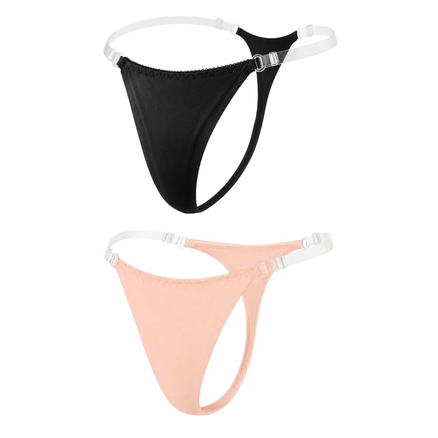 Lot de 2 strings Mapalé noir et nude, sans coutures, lanières transparentes réglables, coupe minimaliste et discrète.