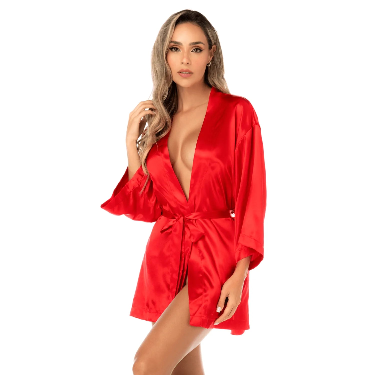 Peignoir court satiné rouge avec ceinture à nouer - Mapalé