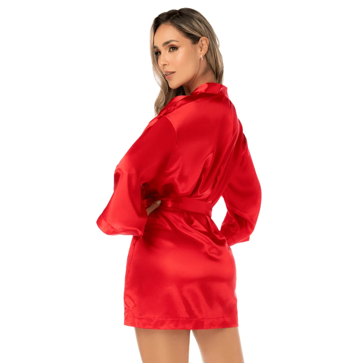 Peignoir court satiné rouge avec ceinture à nouer - Mapalé