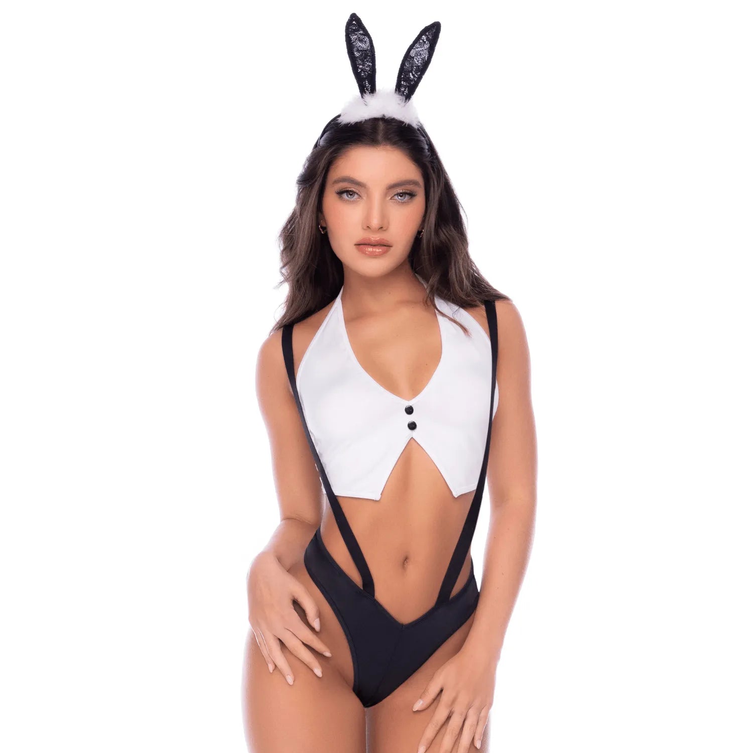 Déguisement lapine sexy 3 pièces avec oreilles, top court et culotte à bretelles - Mapalé