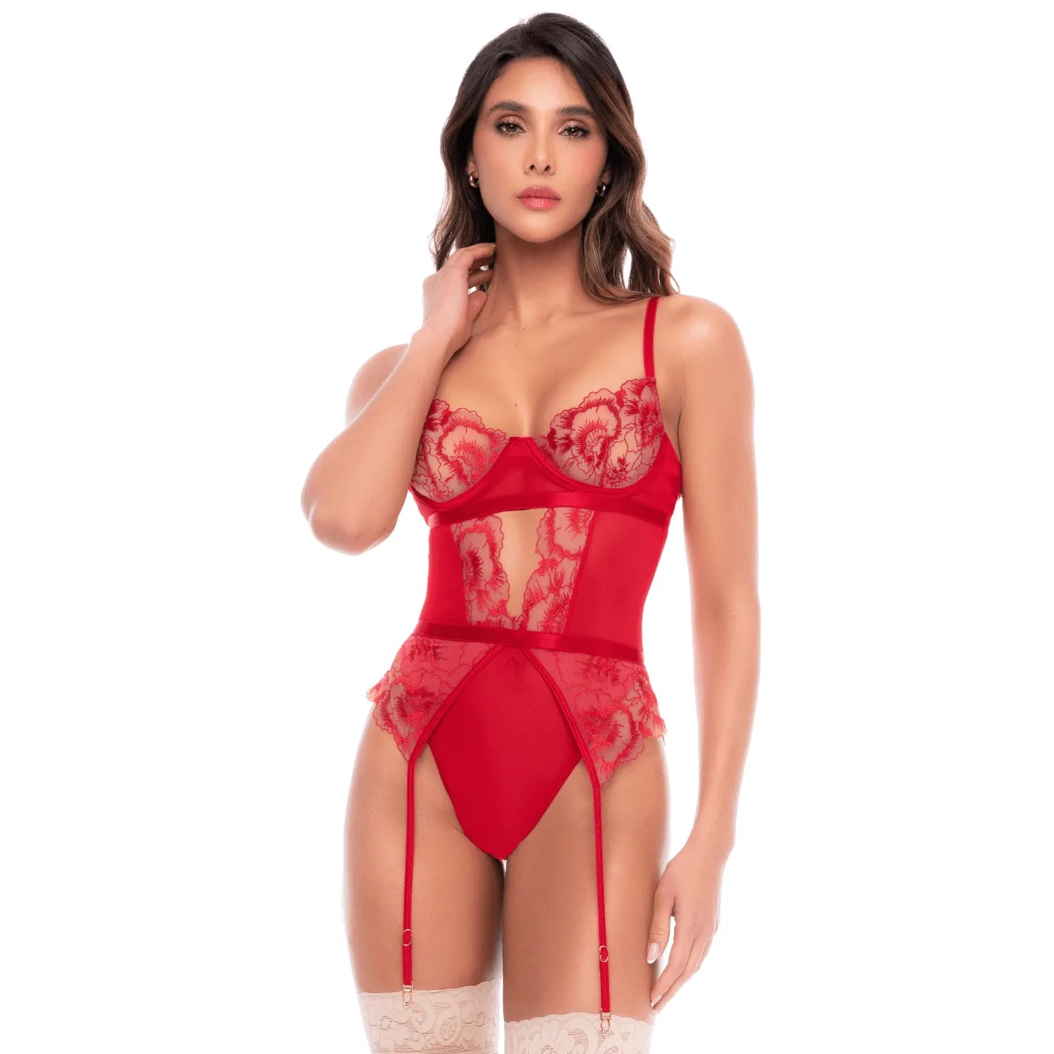 Body rouge rubis en dentelle brodée à armatures et jarretelles - Mapalé