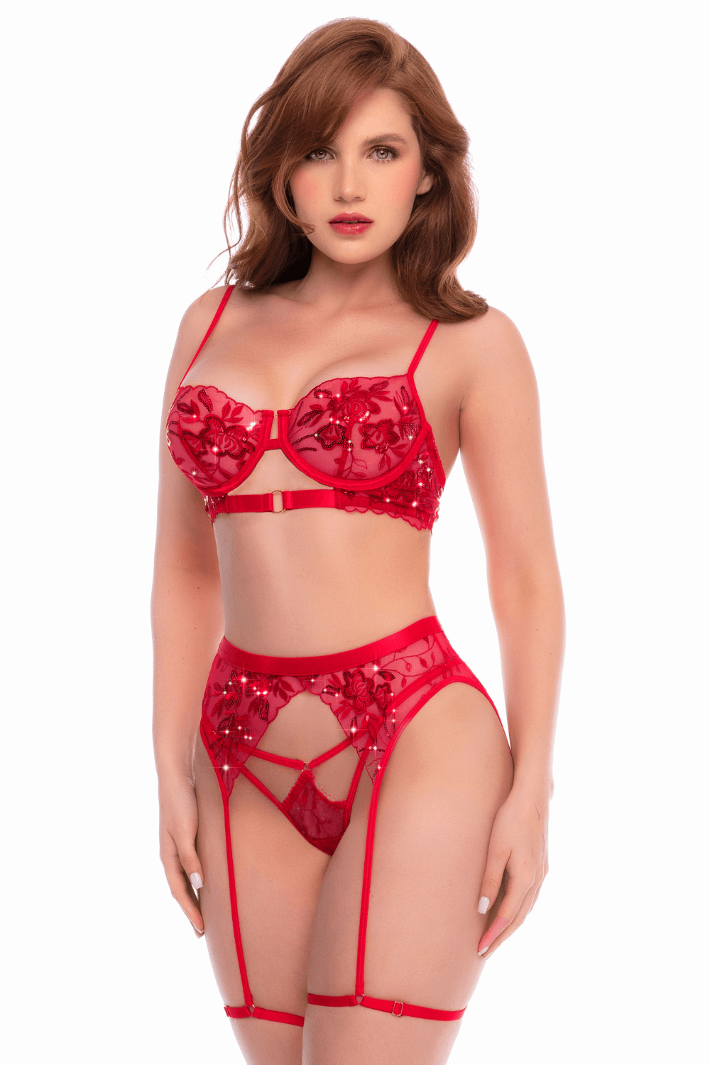 Ensemble 3 pièces rouge écarlate avec soutien-gorge brodé de sequins, porte-jarretelles et string - Mapalé