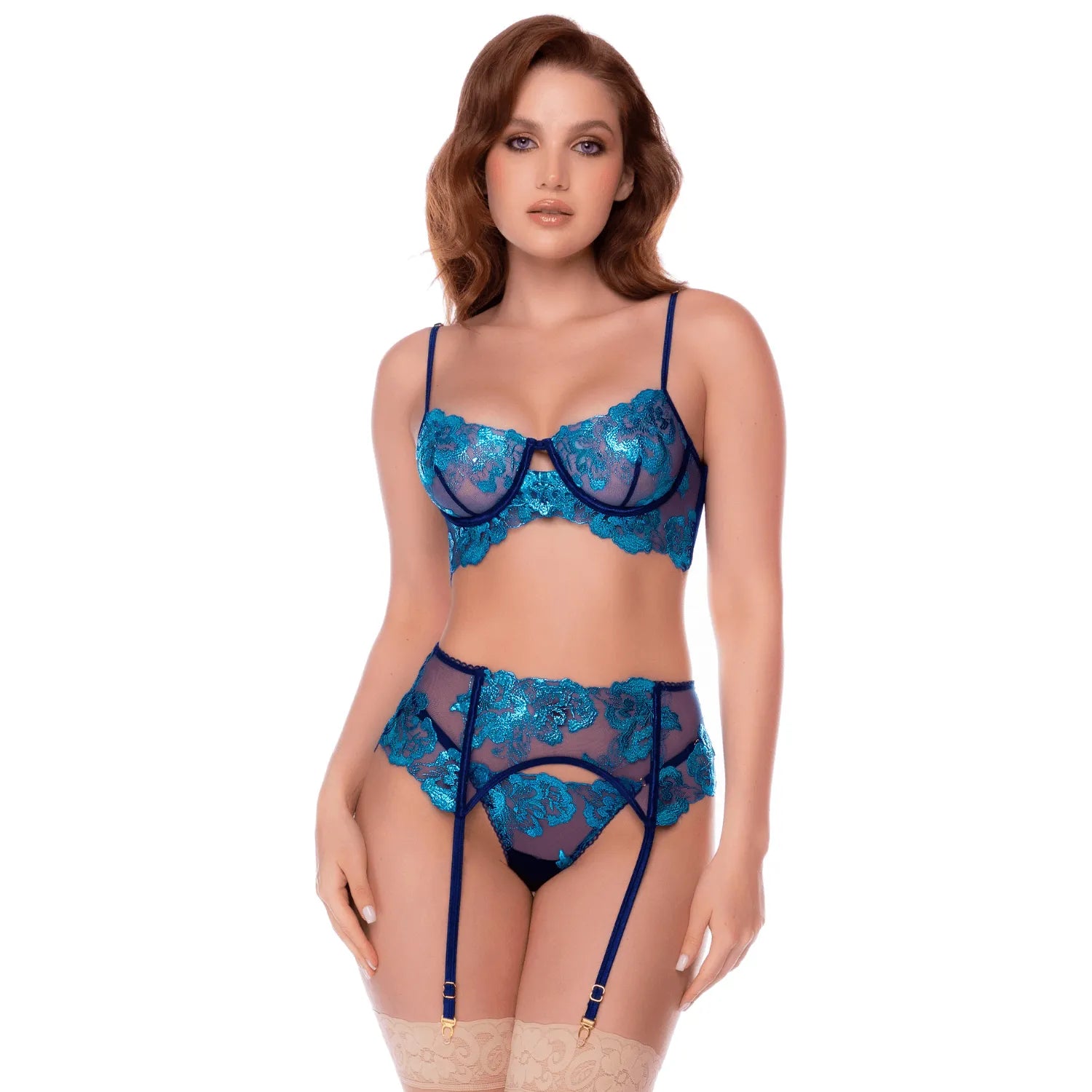 Ensemble 3 pièces bleu nuit brodé avec porte-jarretelles et string - Mapalé