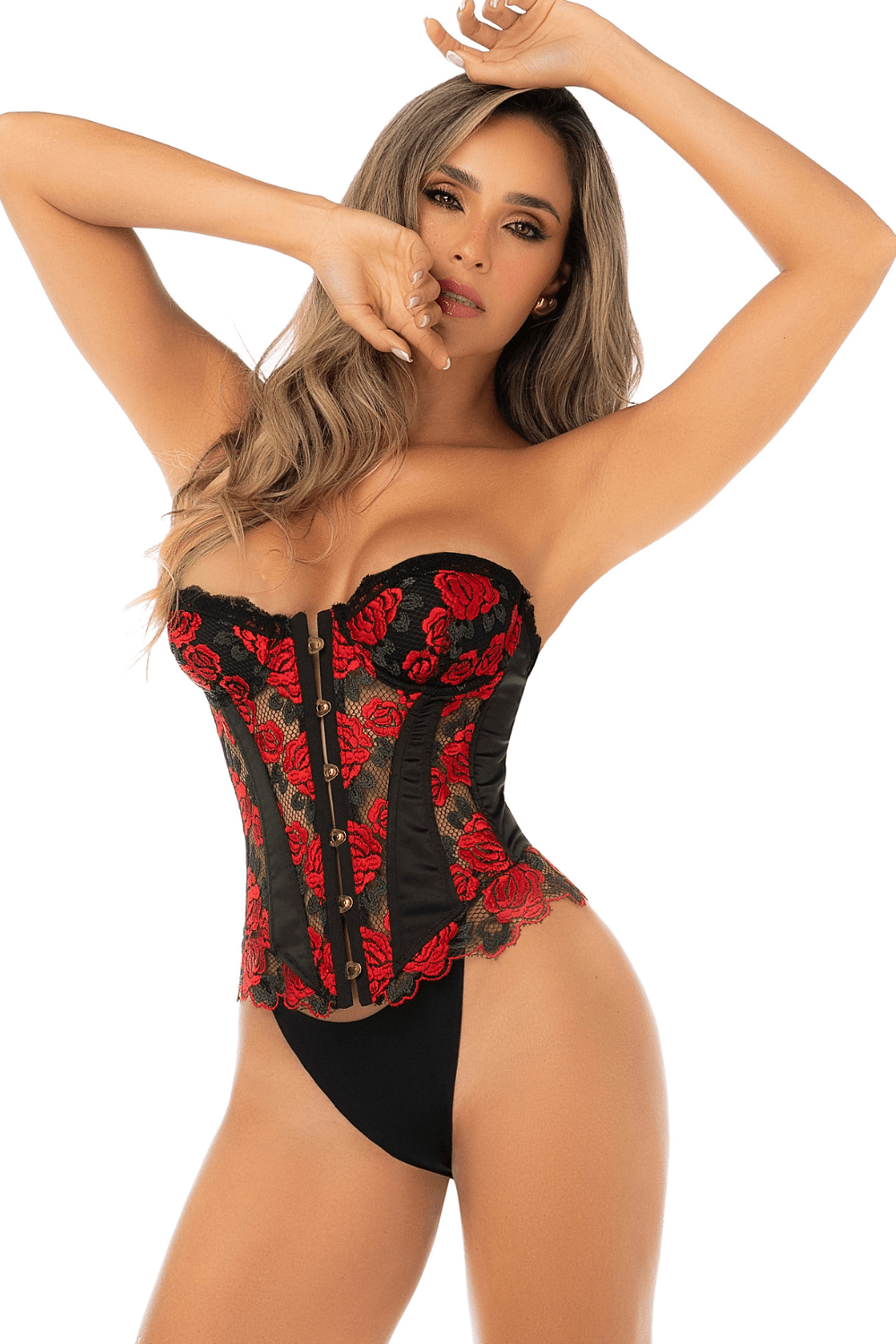 Corset bustier noir et rouge brodé, sans bretelles, avec laçage dos, Mapalé, mettant en valeur la silhouette féminine.