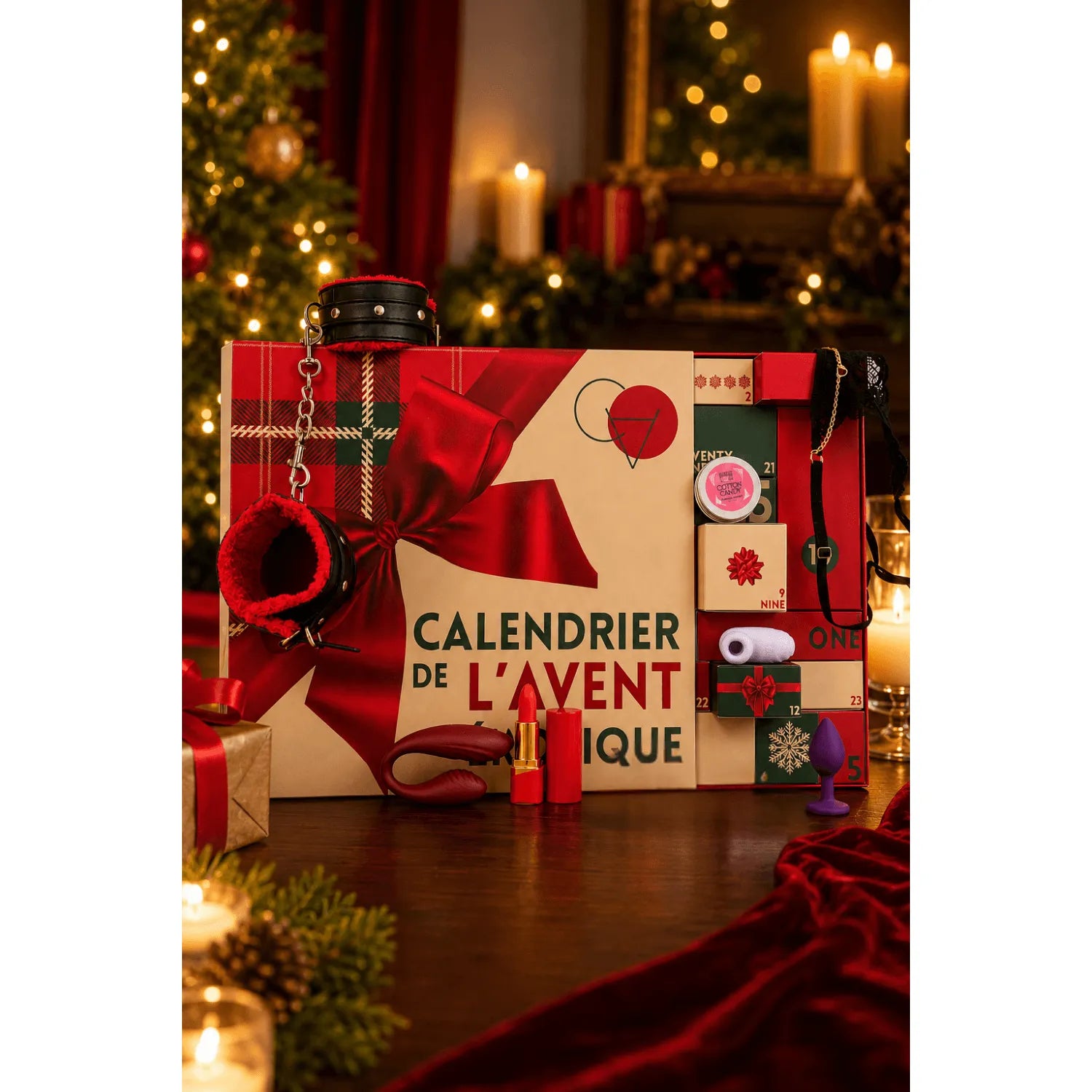 Calendrier de l'Avent érotique 2026 avec ruban rouge, accessoires intimes et décorations festives en arrière-plan.