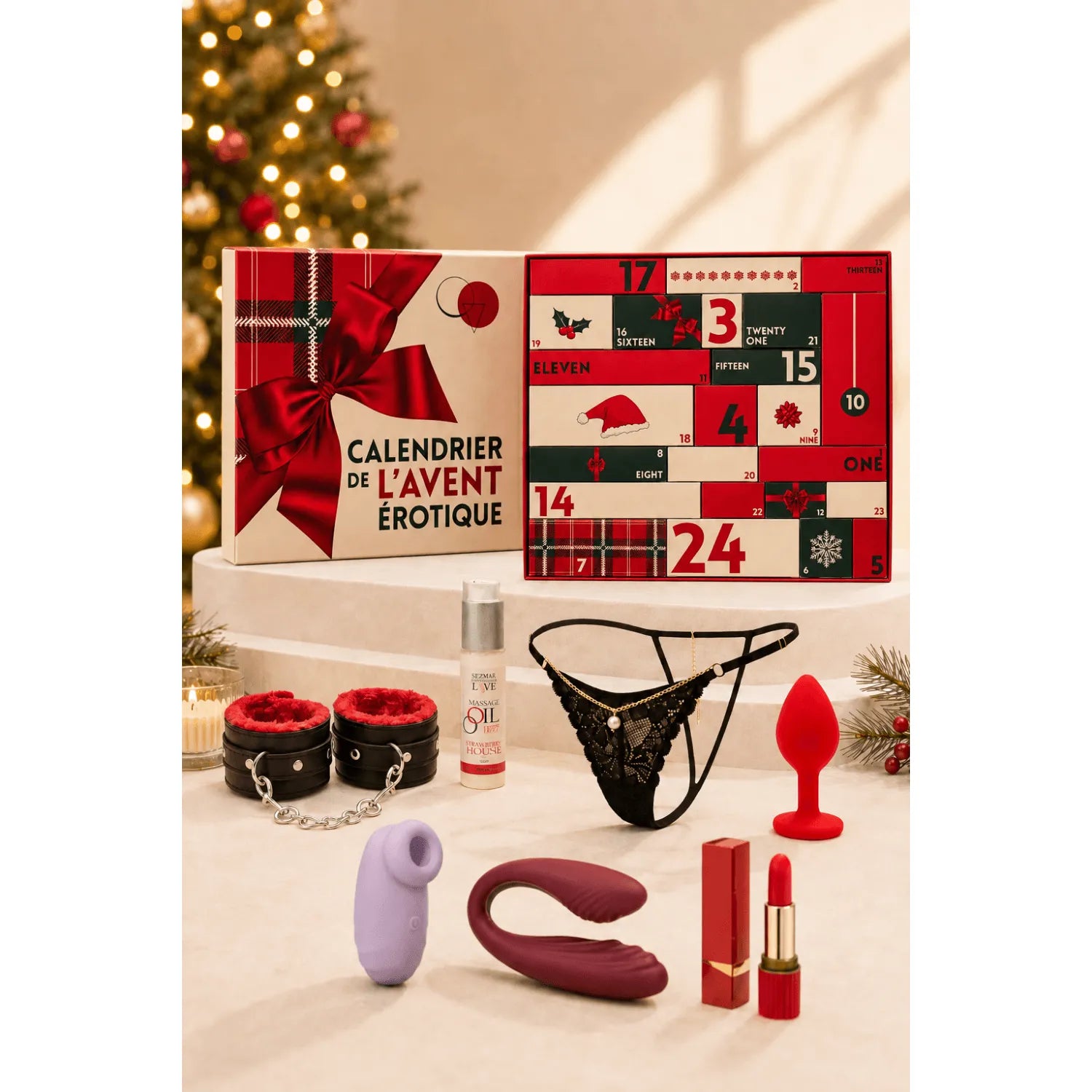 Calendrier de l’Avent érotique 2026 avec 24 cases, accessoires intimes rouges et noirs, ambiance festive et sensuelle.