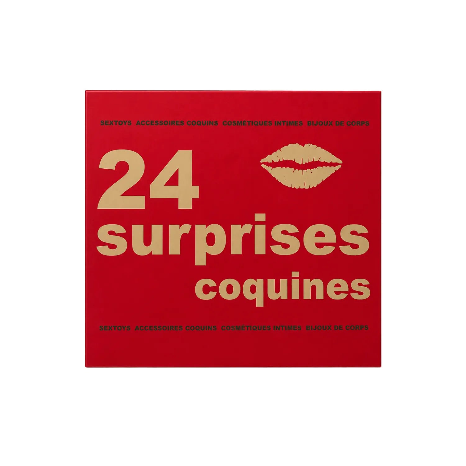 Calendrier de l'Avent érotique rouge avec texte doré 24 surprises coquines, lèvres dorées, pour couples hétéro.